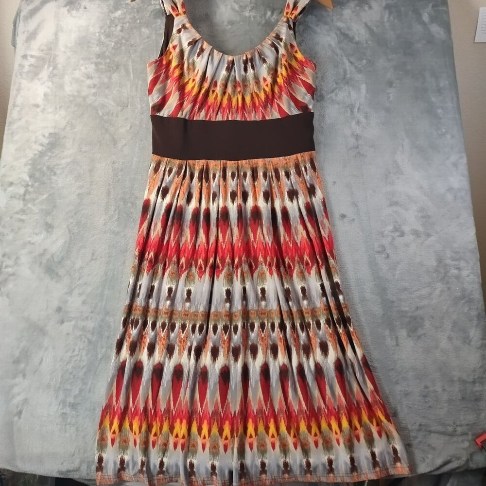 R&M Richards Womens Ikat Print Sleeveless Midi Dress 8 Brown Red Boho Career